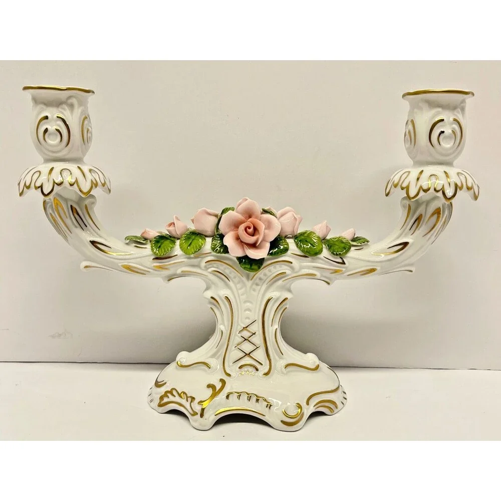 Vintage AK W. Germany Double Porcelain Candle Holder 700–Pink Rose Dresden Style